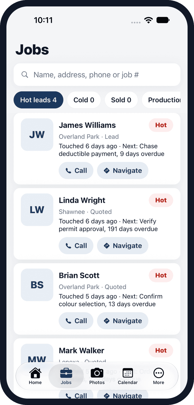 The EaveSide iPhone app’s Jobs screen: hot leads with the town, the stage, the next step and Call and Navigate buttons.