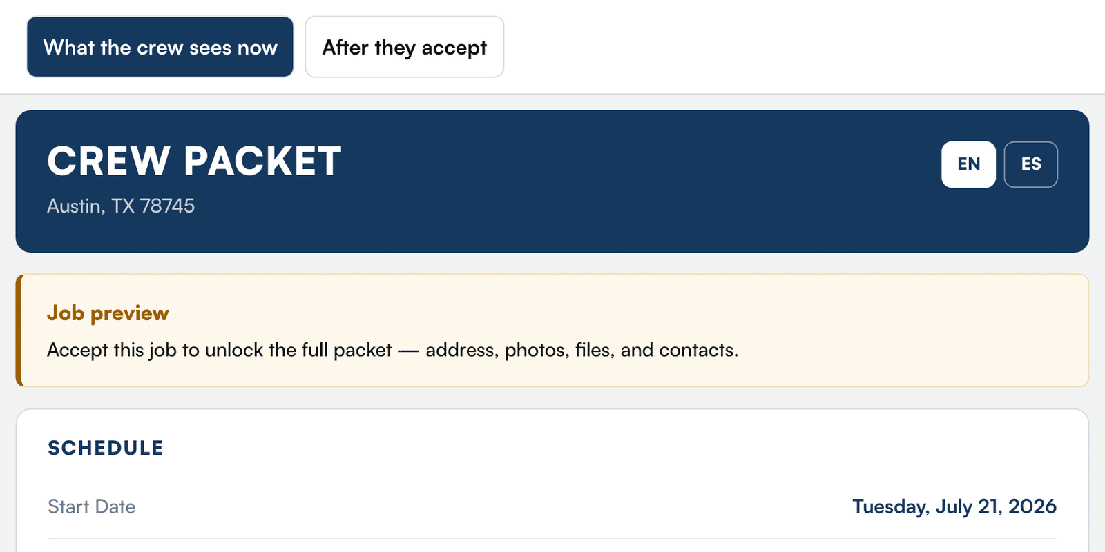 A crew packet as the crew sees it before accepting: the town and ZIP, Austin, TX 78745, with no street address, and a note that accepting unlocks the address, photos, files and contacts