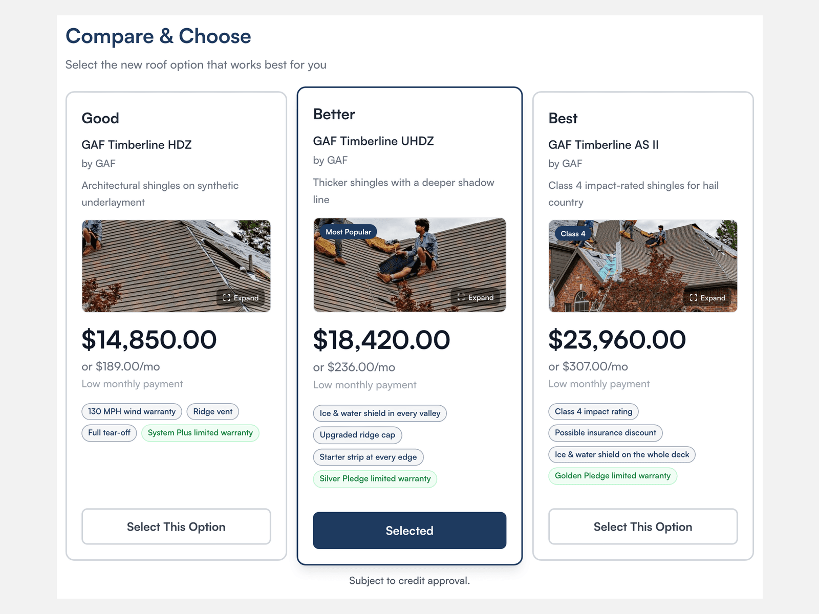 The proposal the homeowner sees: Compare & Choose with three GAF options, Good at $14,850, Better at $18,420 marked Most Popular and selected, and Best at $23,960, each with a roof photo, a monthly payment and its warranty