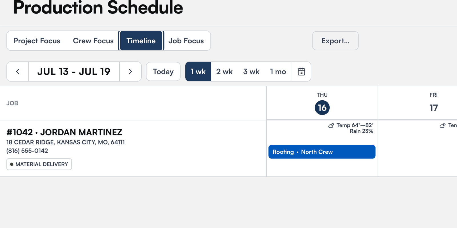 The production timeline for one week: a temperature range and rain chance on each day, and the crew booked on Thursday