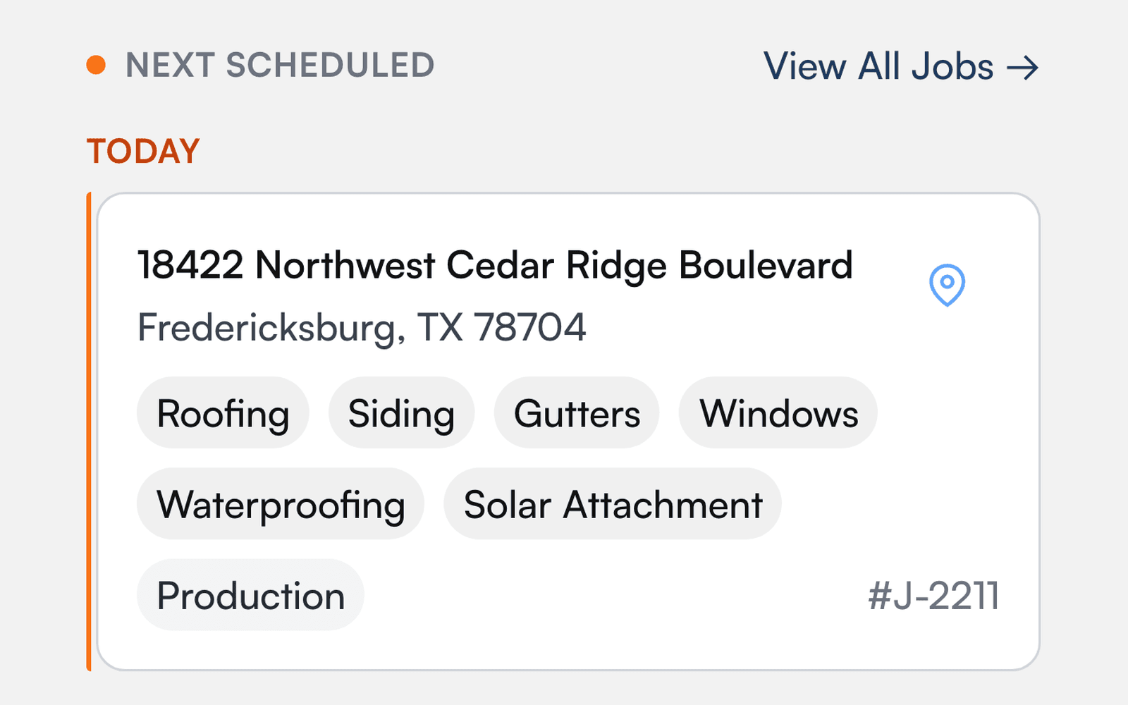 The crew app on a phone: today's scheduled job with its address and the trades on it